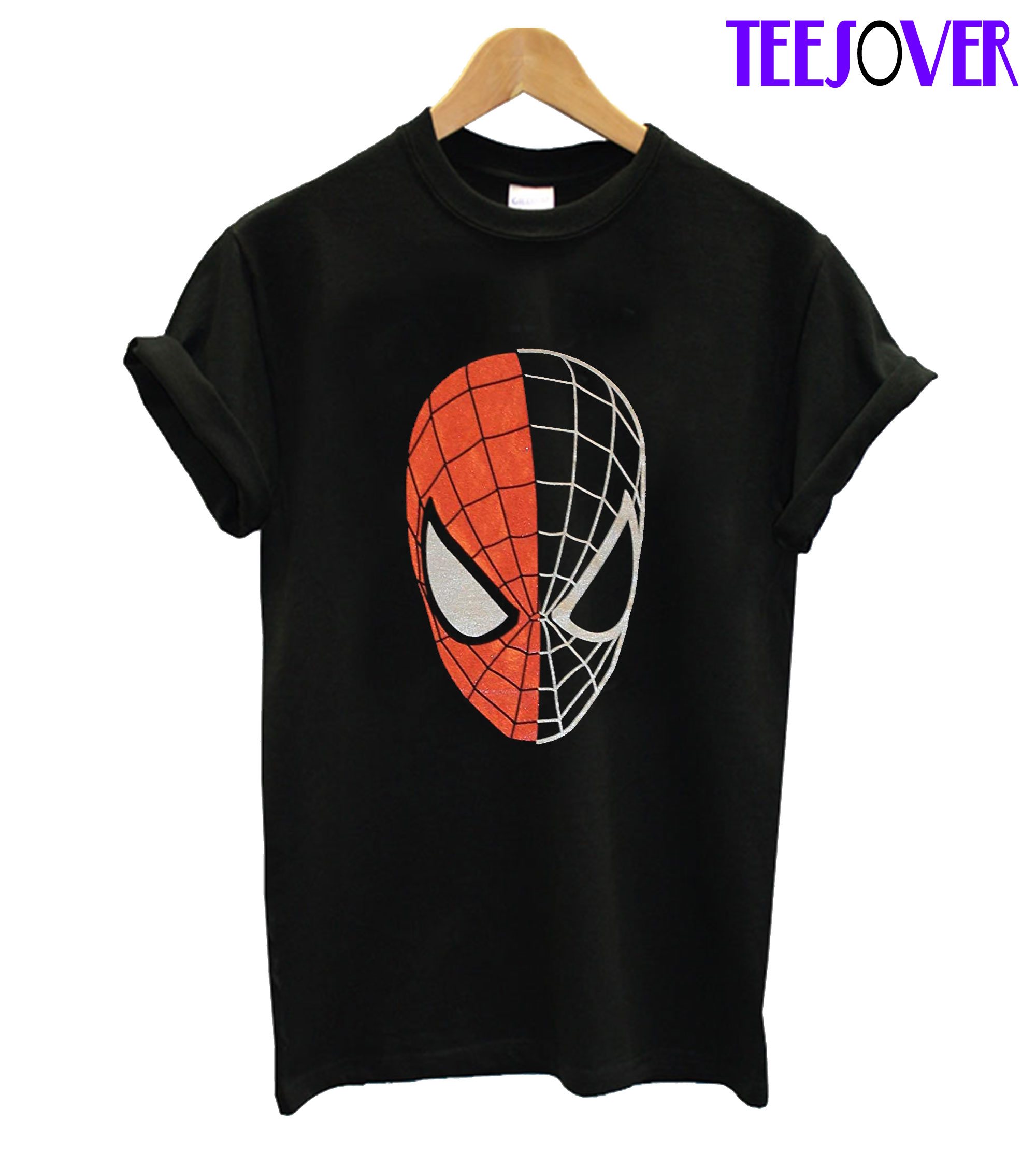 Spider Man Half Black Face Half Red With Silver T Shirt