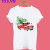 Snow Covered Vintage Retro Red Farm Pickup Truck with Christmas Tree T-Shirt