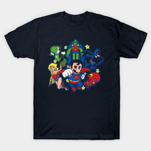 Justice League featuring characters from Super Mario Bros t-shirt