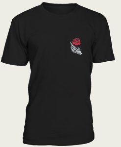 White Skeleton Hand Holding a Red Rose Pocket Print t-shirt