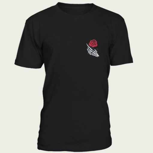 White Skeleton Hand Holding a Red Rose Pocket Print t-shirt