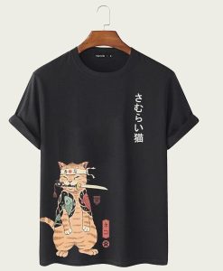 Mens Carp Warrior Cat Print Japanese Style t-shirt