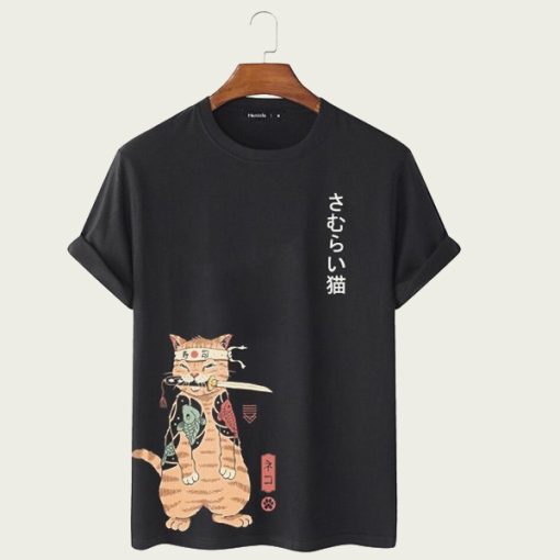 Mens Carp Warrior Cat Print Japanese Style t-shirt